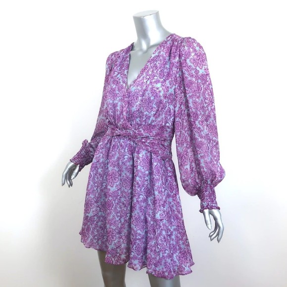 AMUR Twist-Front Dress Purple/Blue Printed Silk Chiffon Size 6 Long Sleeve Mini - Picture 3 of 8